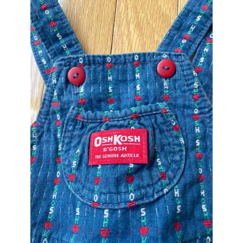 Vintage OshKosh Bgosh Blue Heart Stripe Ruffle Overalls 24M Made in USA